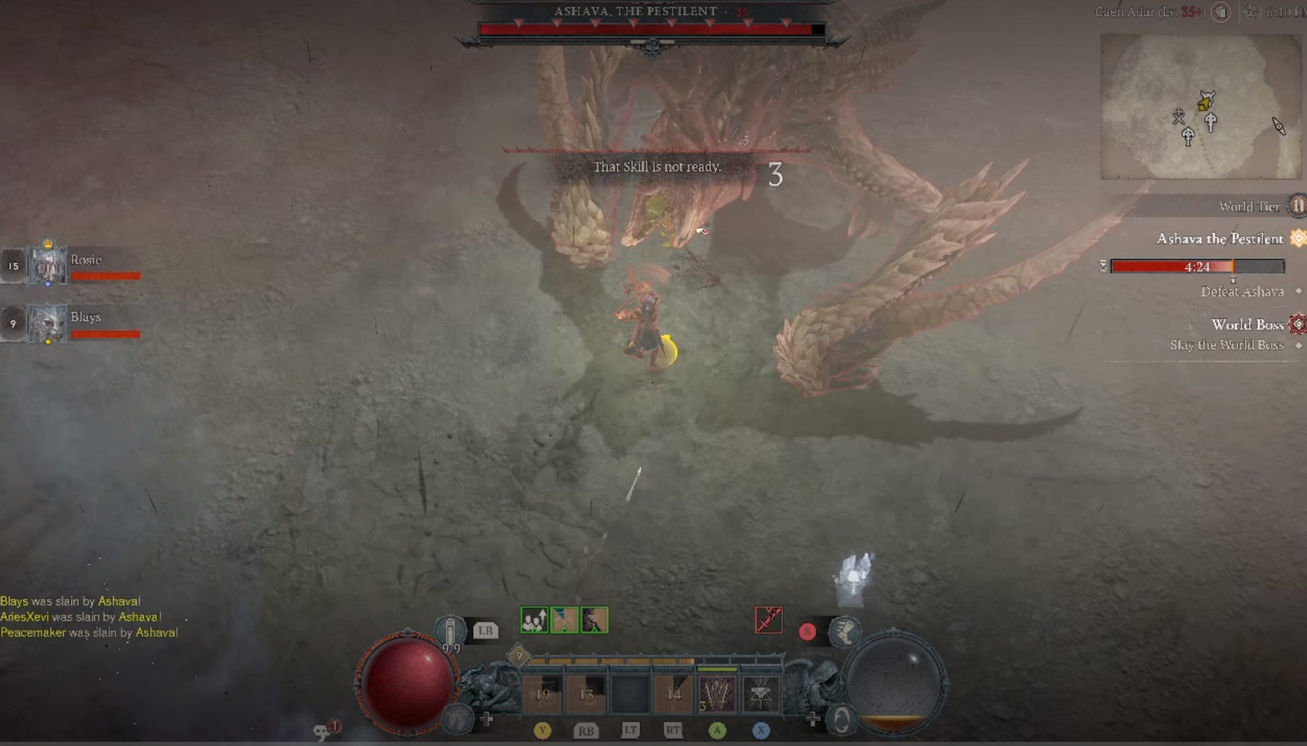 Screenshot of diablo IV facing large demon boss and about to die.