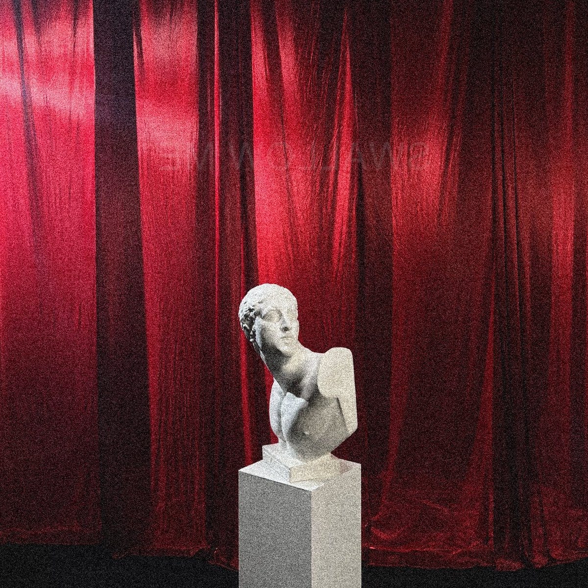 ymenehcra99 twitter image with a red curtain, statue and the hidden message of swallow me behind it