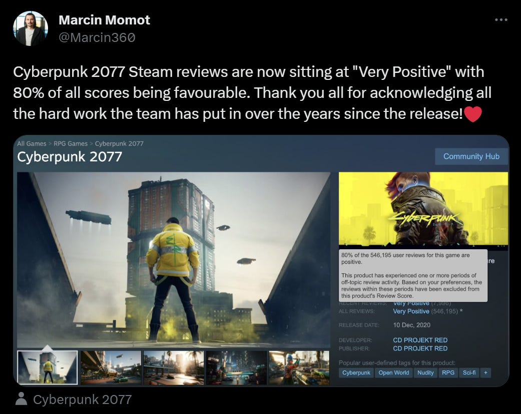 Image of tweet from Marcin Momot of CD Projekt Red, thanking players for bringing Cyberpunk 2077's review scores back up to favorable with a screenshot of the Steam reviews page.