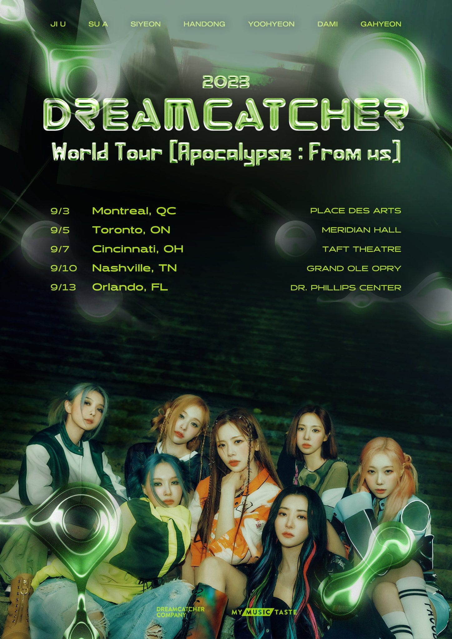 Promotional tour image for Dreamcatcher World Tour Apocalypse: From us, featuring dates in Canada and and the US, with a picture of Dreamcatcher in one of their From Us concepts