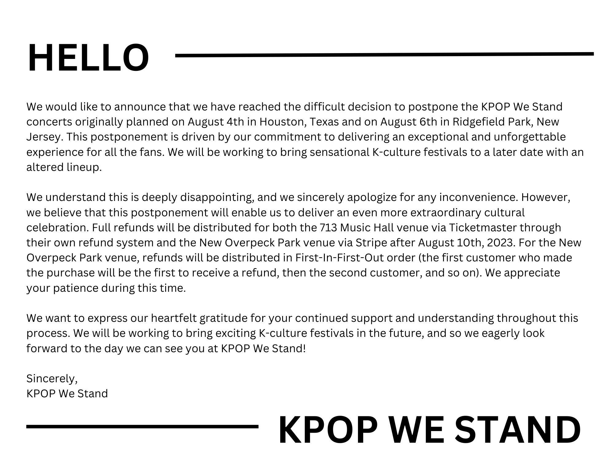 White background image with black text announcing cancellation of KPOP We Stand festival due to commitment to deliver an exceptional experience for fans.