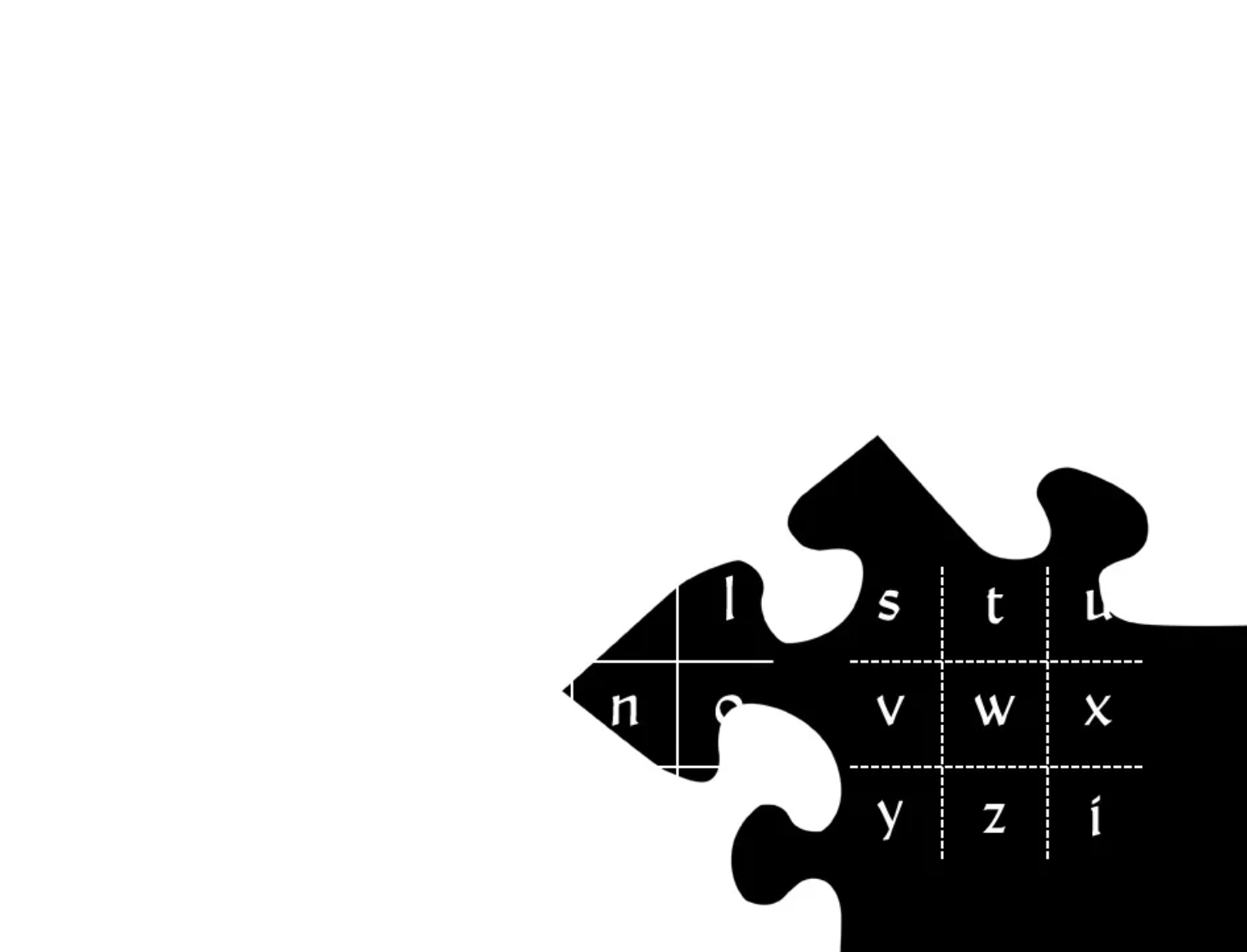 Black puzzle piece with parts of the alphabet in a 3 x 3 grid as the first mystery code clue.