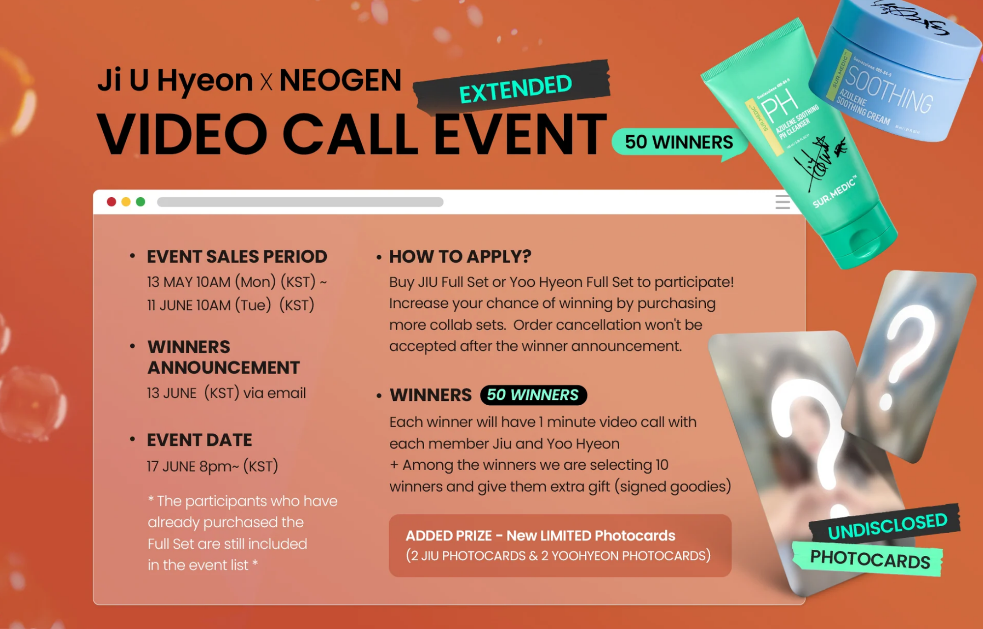 Notice on an orange background extending the JiU and Yoohyeon NEOGEN event with new offers.