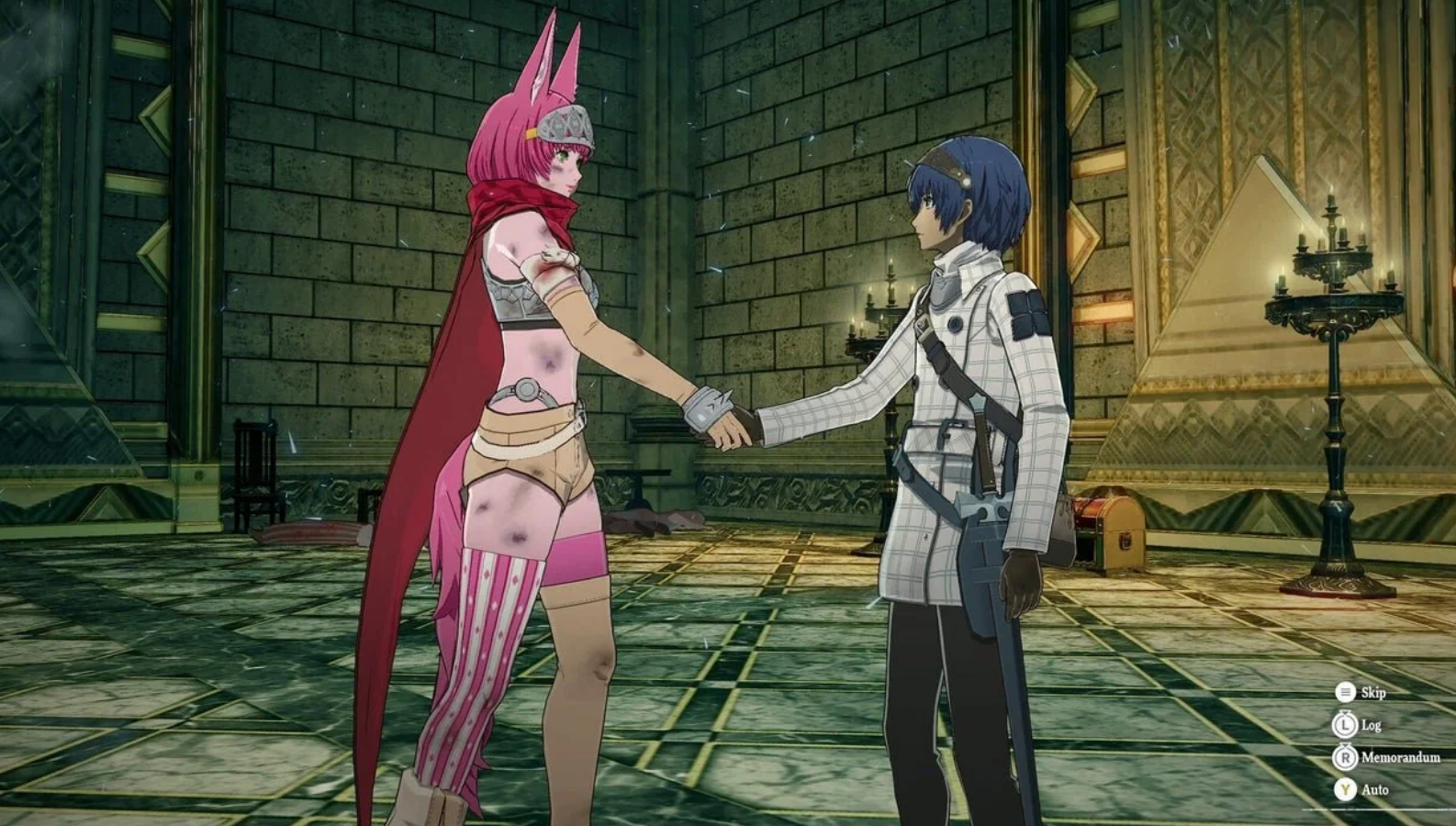 The protagonist shaking hands with Catherina, a Paripus bounty hunter.