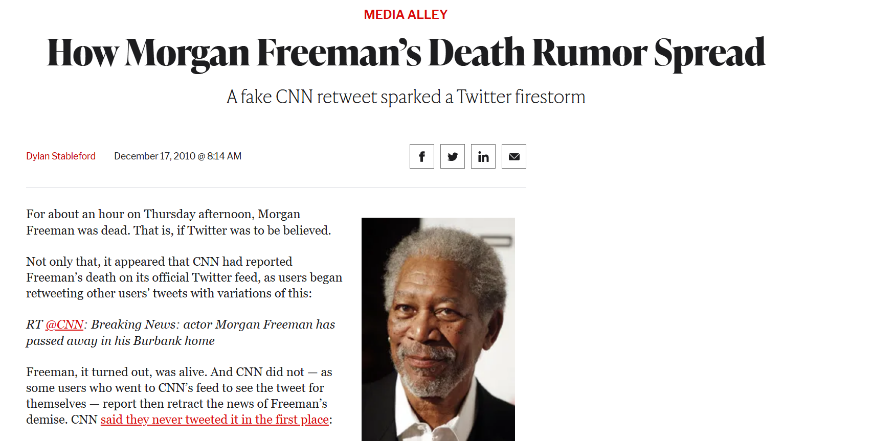 Screenshot from TheWrap website with text "How Morgan Freeman's Death Rumor SPread"