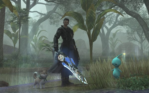 FFXIV screenshot. Gunbreaker dressed in black in the middle with weapon out, surrounded by a shiba and pupu companions.