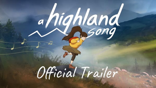 Trailer screenshot for A Highland Song, featuring main character Moira in traveling clothes running to music.