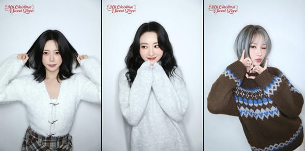 Three of Dreamcatcher's members (JiU/SuA/Siyeon) in holiday sweaters against a white background smiling for the camera.