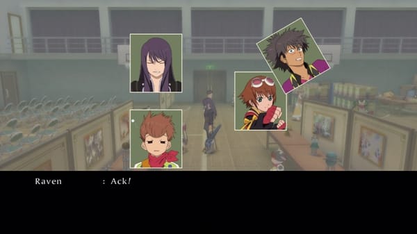 Screenshot of Tales of Vesperia's skit system, with one character punching another.